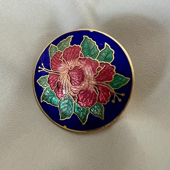 Vintage 60s Cloisonné Hibiscus Scarf Clip | Floral Enamel - Picture 3 of 6